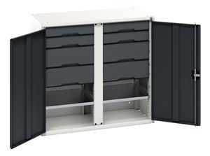 Verso partitioned cupboard with 2 shelves, 8 drawers. WxDxH: 1050x550x1000mm. RAL 7035/5010 or selected Bott Verso Basic Tool Cupboards Cupboard with shelves